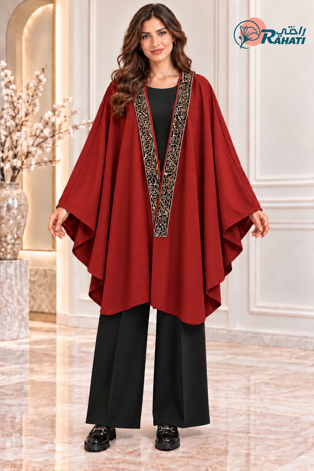 Burgundy felt cape with decorative trim