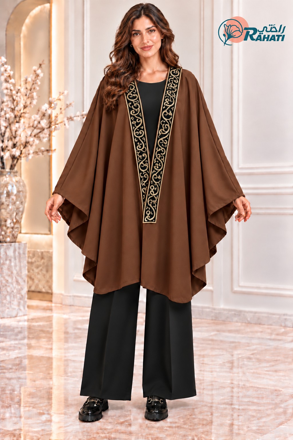 Brown felt cape with decorative trim
