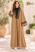 Embroidered Ribbed Velvet Open Abaya – Camel
