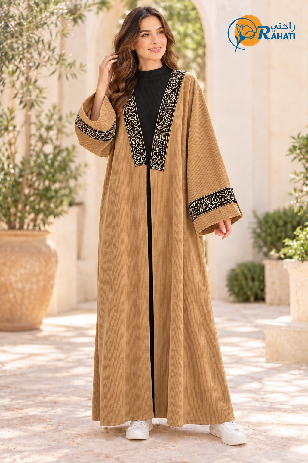 Embroidered Ribbed Velvet Open Abaya – Camel