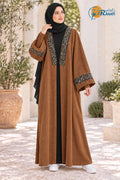 Embroidered Ribbed Velvet Open Abaya – Brown