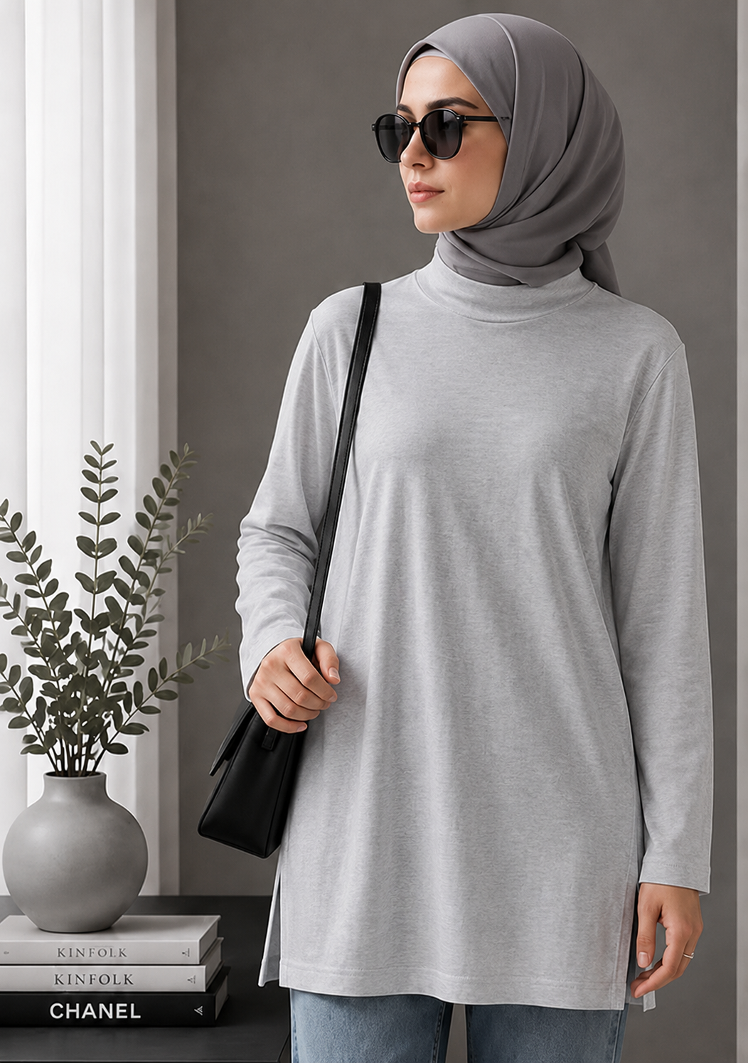 Long Cotton Basic Underlayer Tunic (Grey)