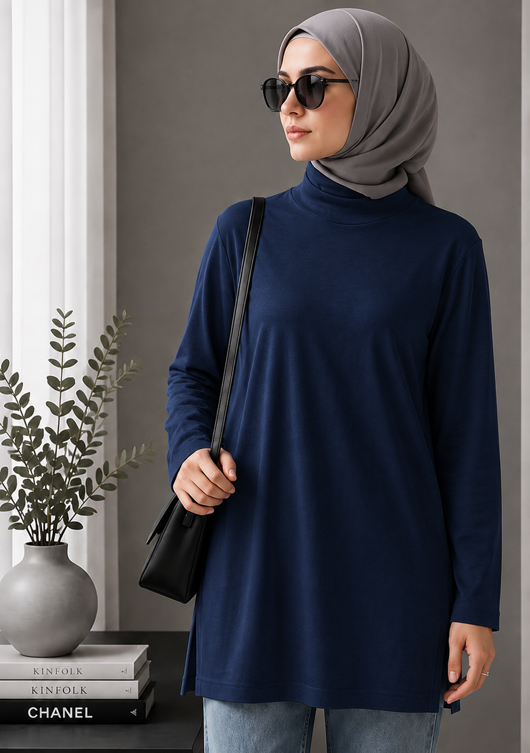 Long Cotton Basic Underlayer Tunic (Navy)