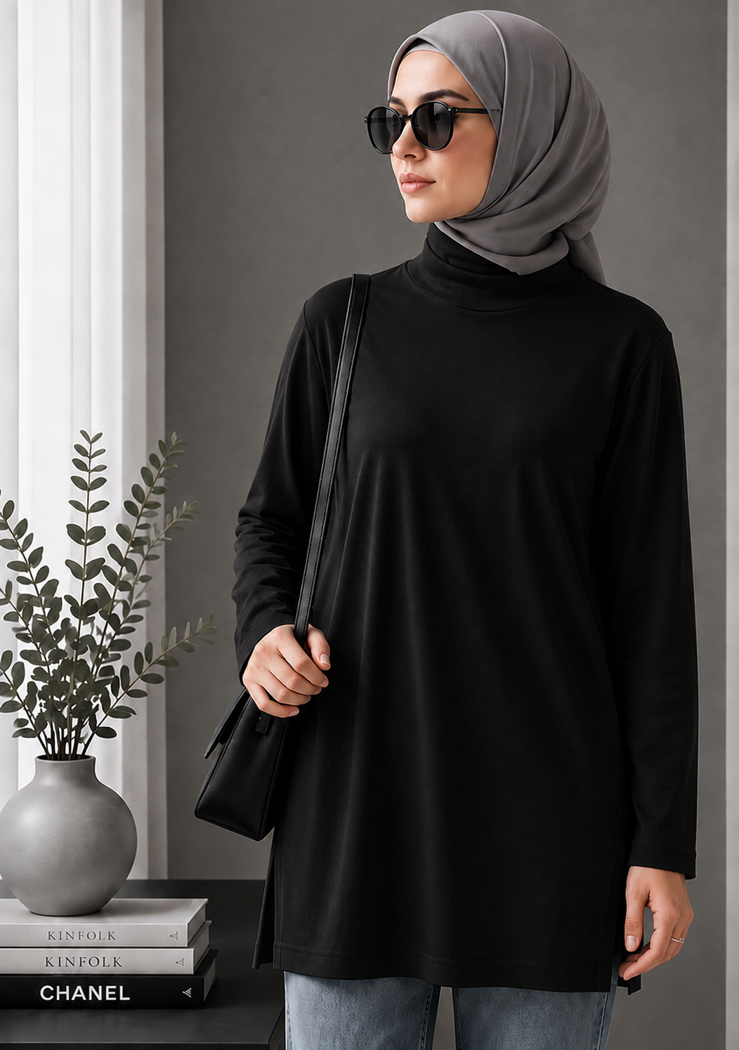 Long Cotton Basic Underlayer Tunic (Black)