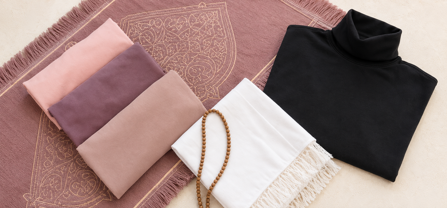 Four folded fabric items in soft neutral and pastel tones arranged on a mauve patterned mat, with a black folded turtleneck-style garment on the right and a white fringed textile with a wooden bead necklace in the foreground.