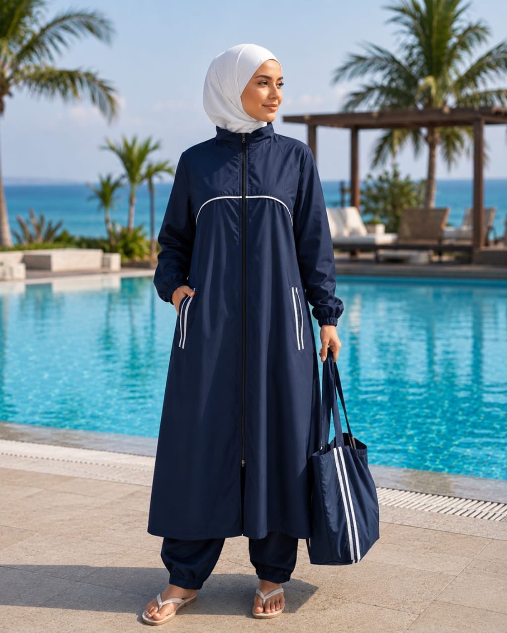 Water-Repellent Full-Coverage Burkini Swimwear Set (Navy)