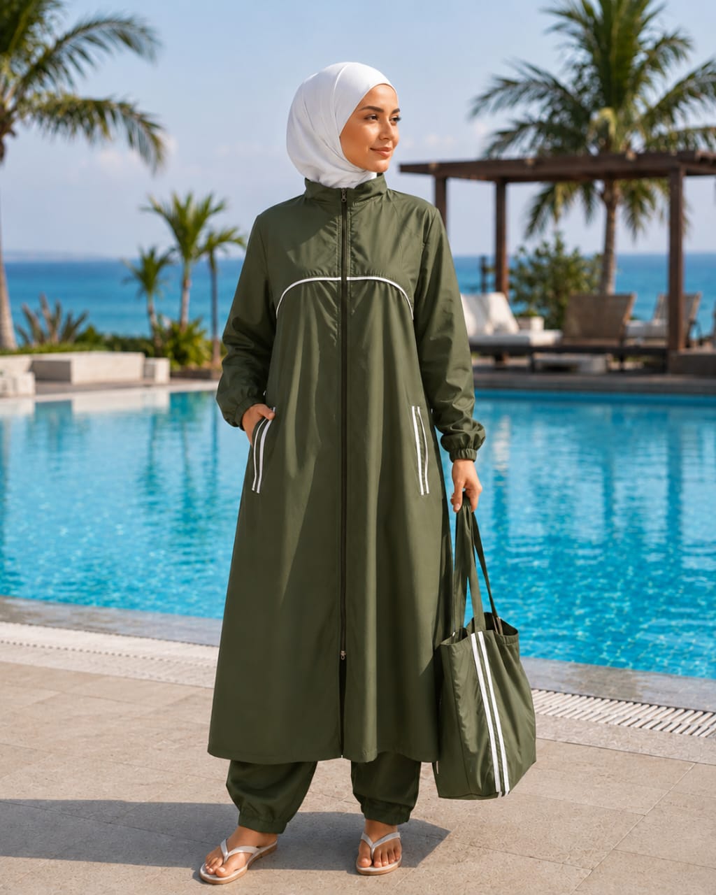 Water-Repellent Full-Coverage Burkini Swimwear Set (Olive)