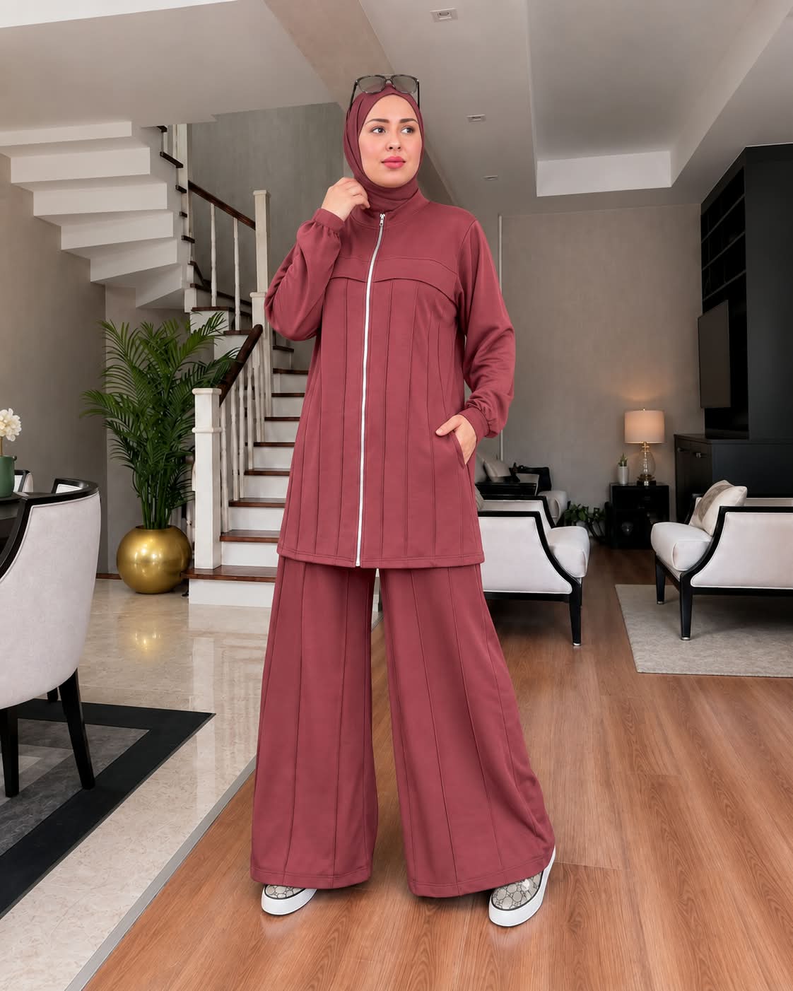 Turkish Cotton Zip Jacket & Wide-Leg Pants Set.