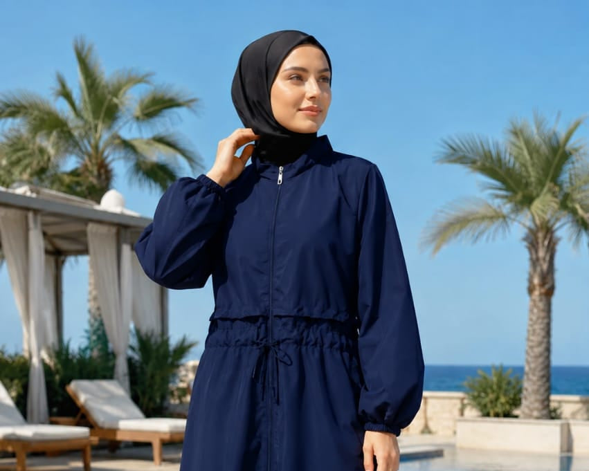 A woman wearing a navy blue maxi abaya with a drawstring waist and a black hijab stands by a swimming pool with palm trees and a blue sky in the background.