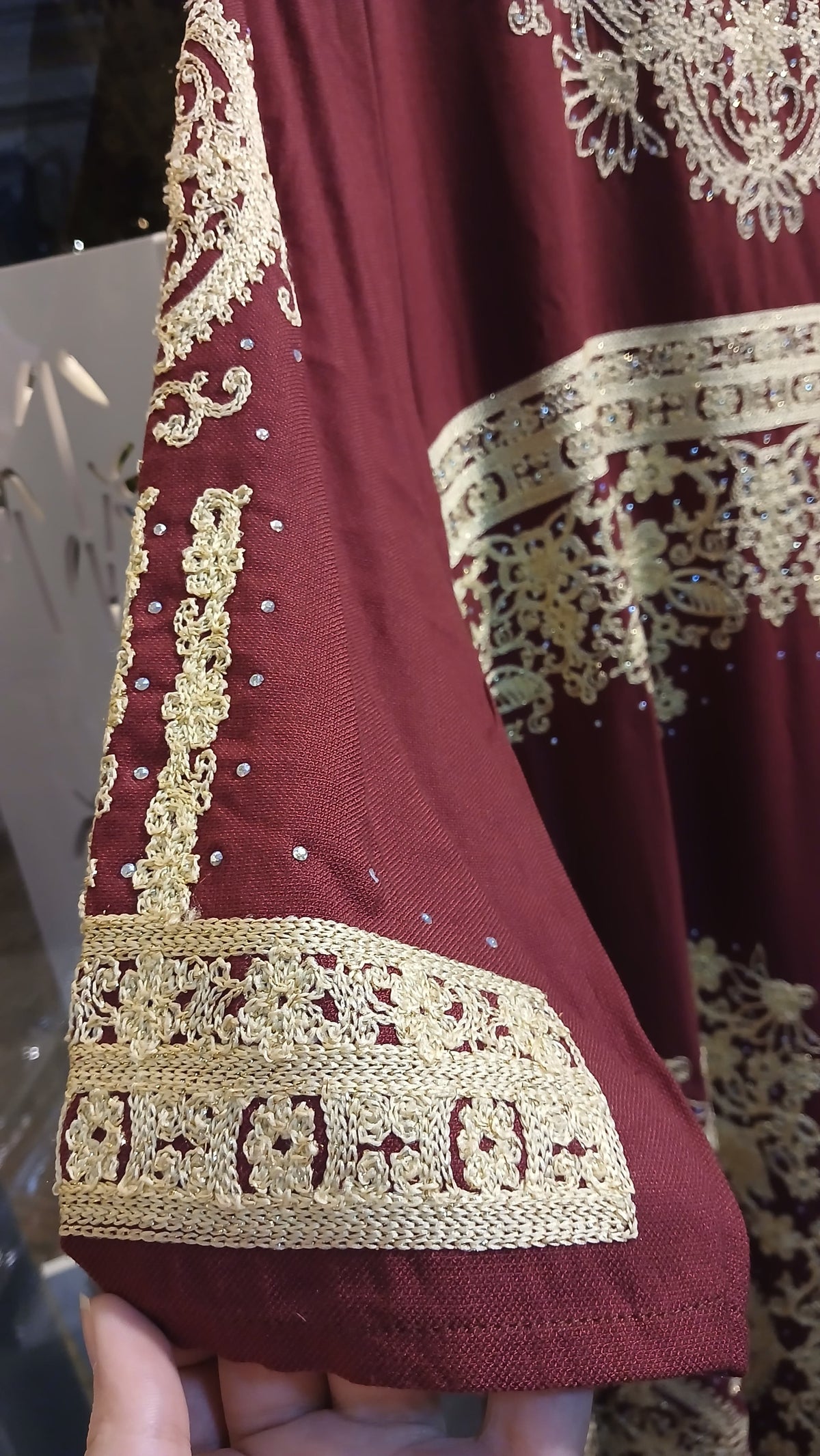 Burgundy Embroidered Cotton Abaya.