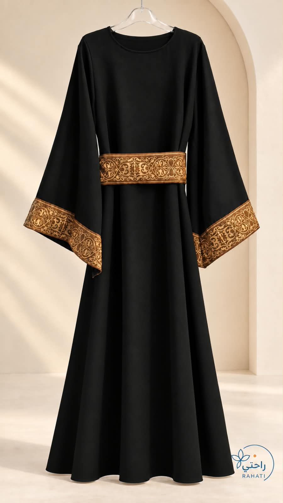 Black Autumn Abaya with Embroidered Belt and Cuffs