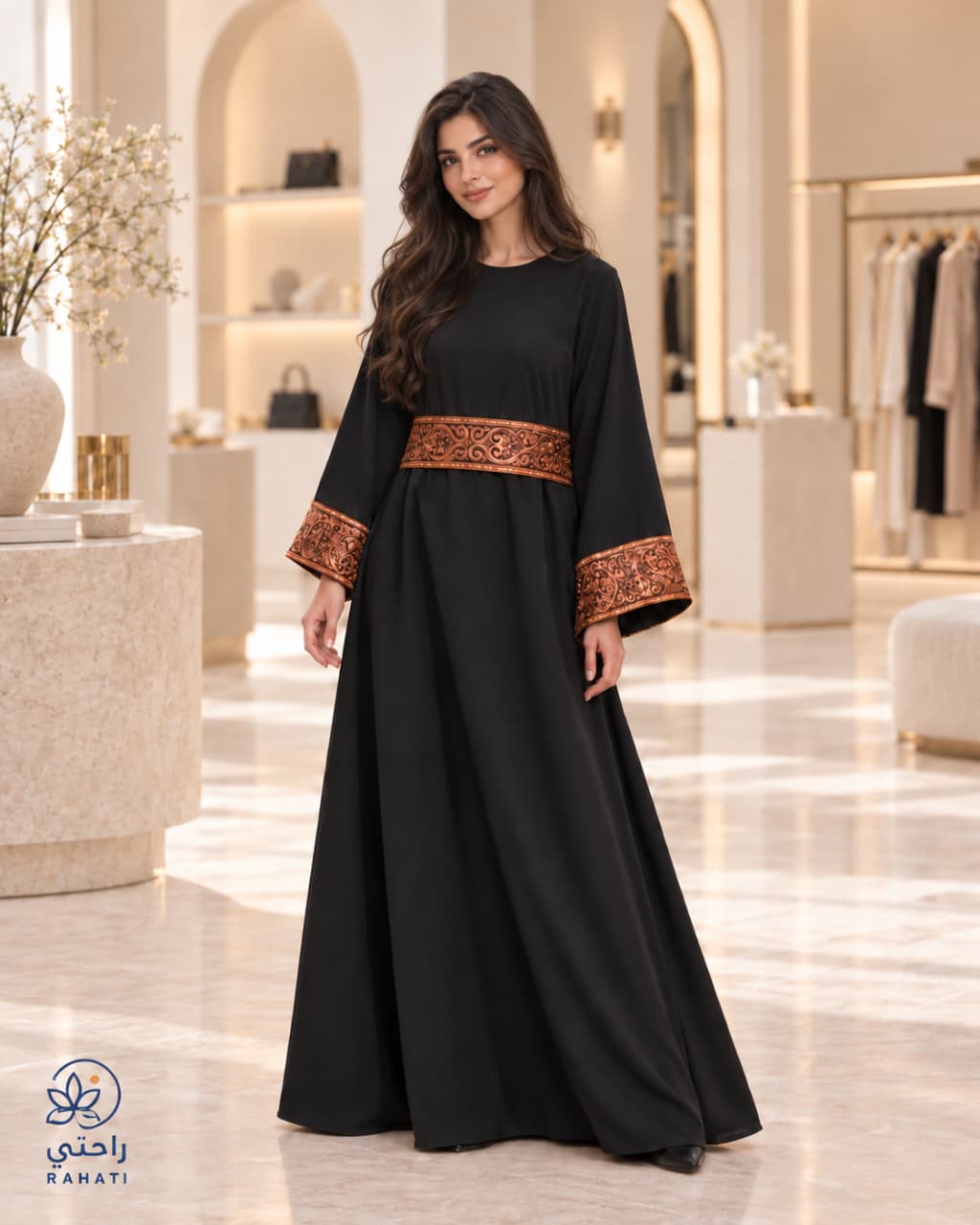 Black autumn abaya with embroidered belt and cuffs