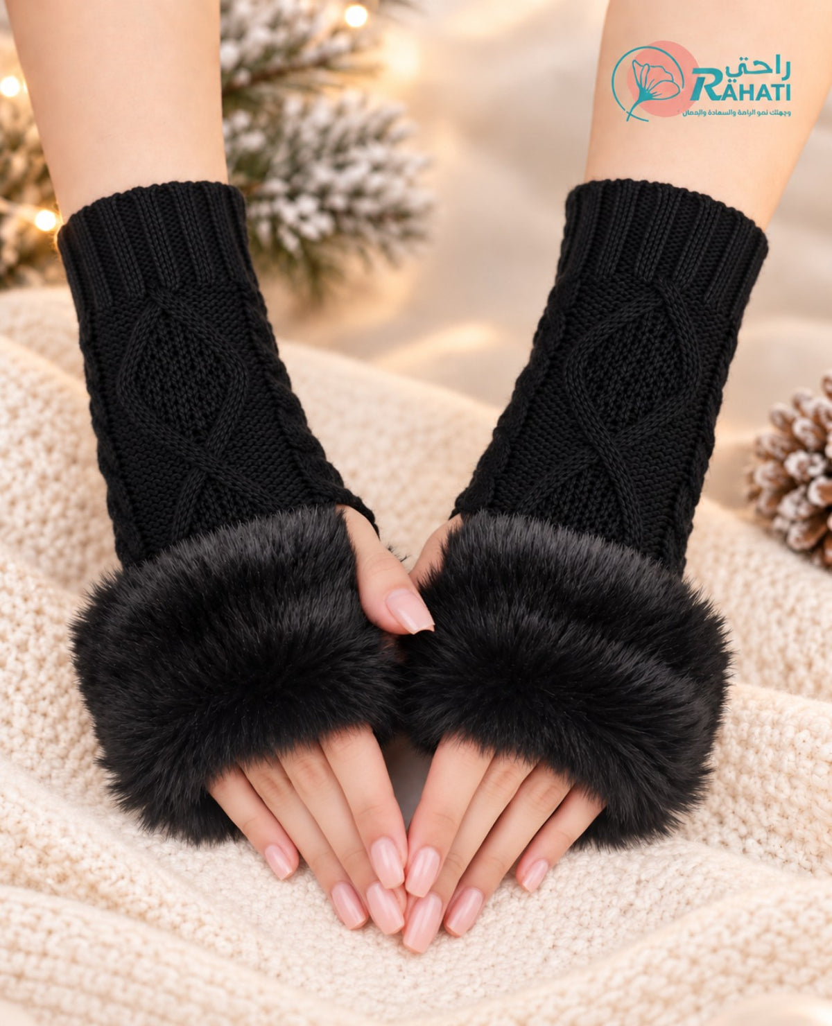 Black knit fingerless gloves with faux fur cuffs