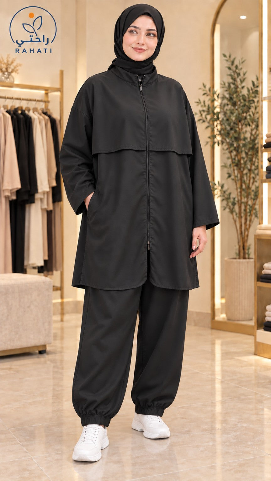 Women's modest black tracksuit with long zip jacket and jogger pants