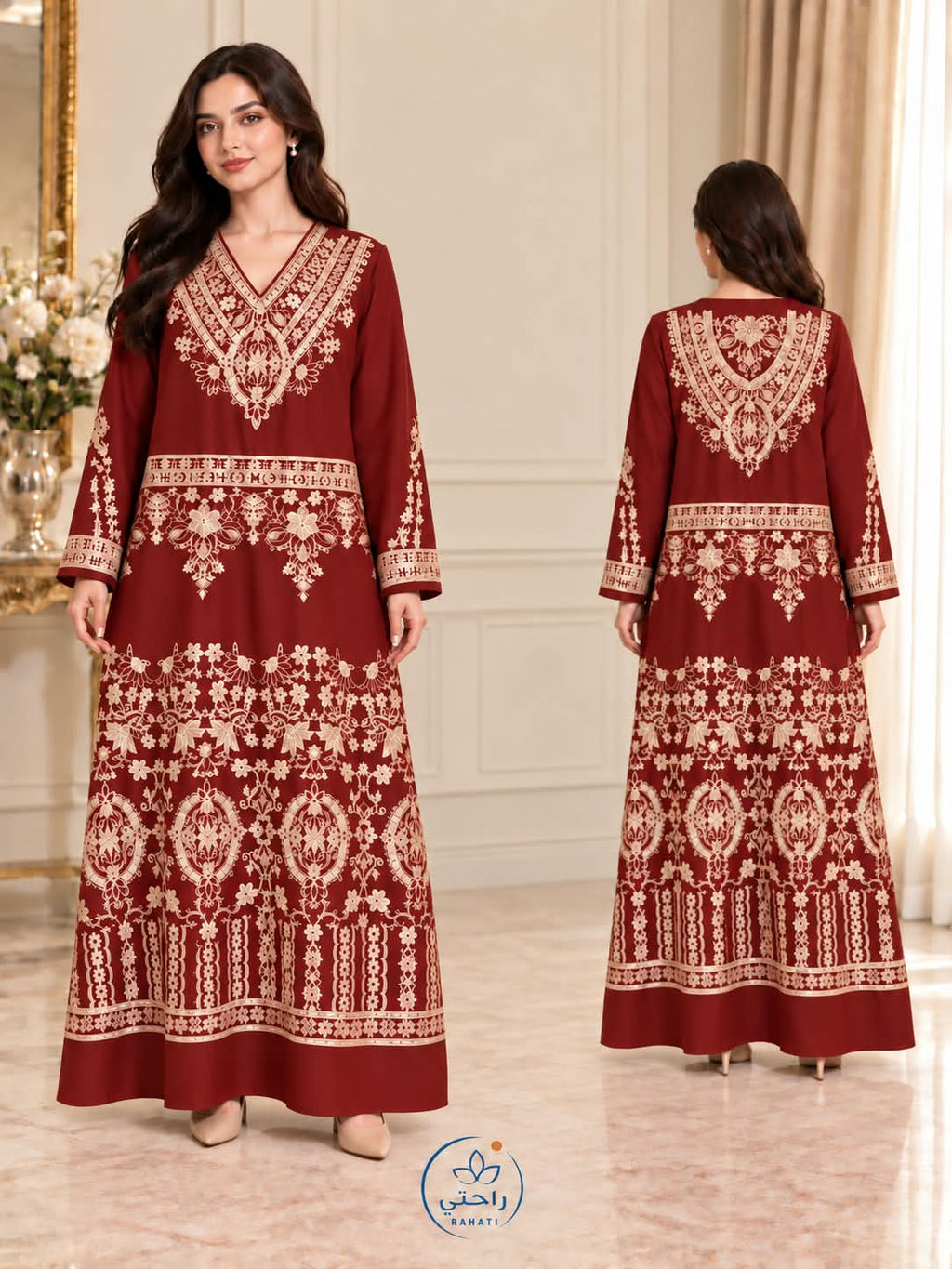 Burgundy embroidered cotton abaya front and back