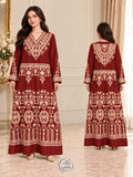 Burgundy embroidered cotton abaya front and back