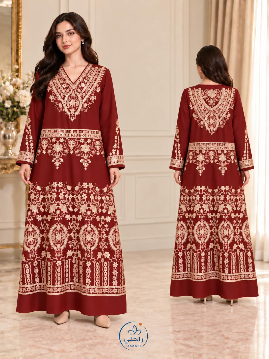 Burgundy embroidered cotton abaya front and back