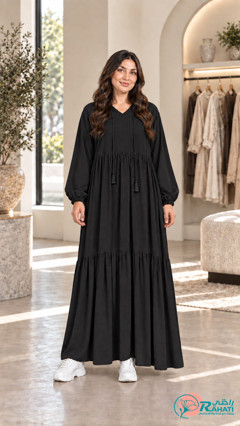 Turkish Cotton Tiered Maxi Dress (black).