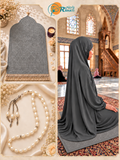 Grey lycra prayer outfit, prayer mat and ivory pearl-style tasbih bundle