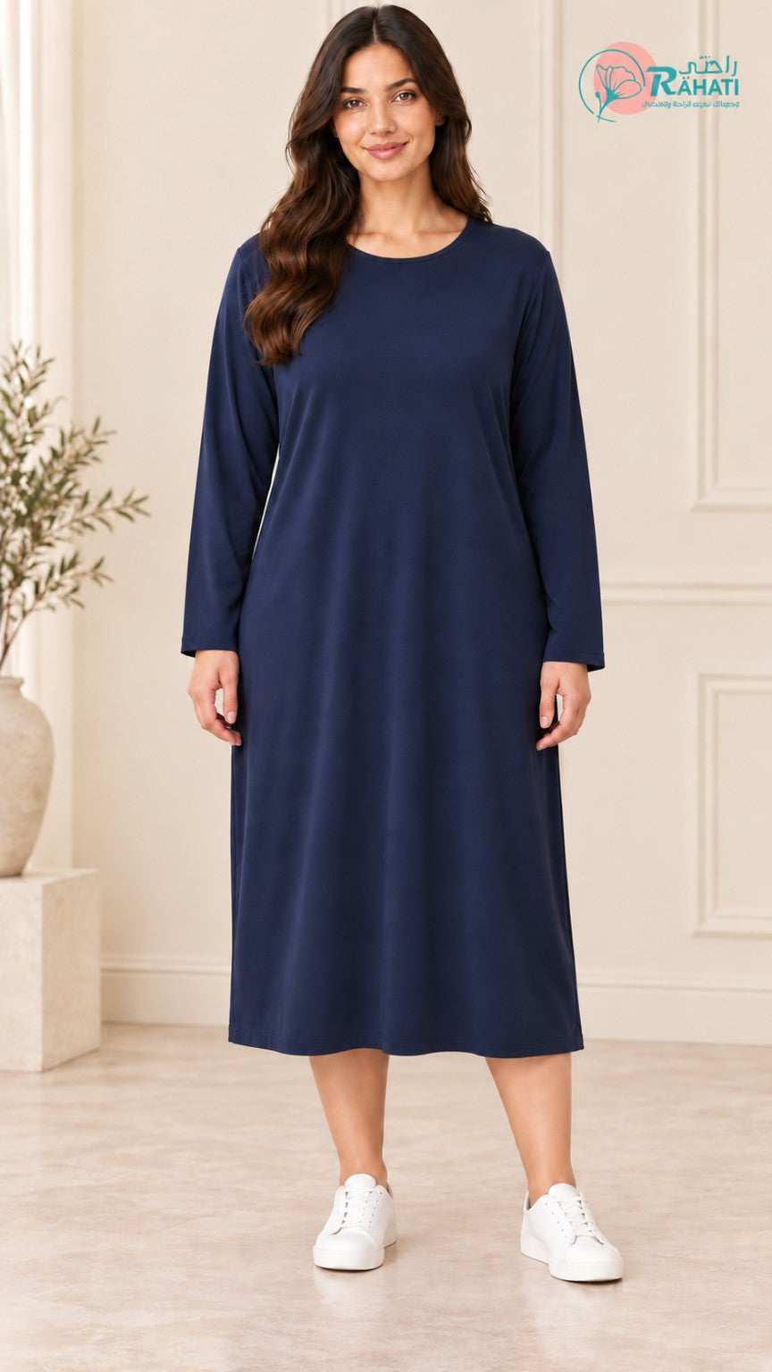 Cooling Lycra Layering Dress in navy worn by a model