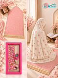 Floral crinkle prayer gift box with pink mat, counter, tasbih and keychain