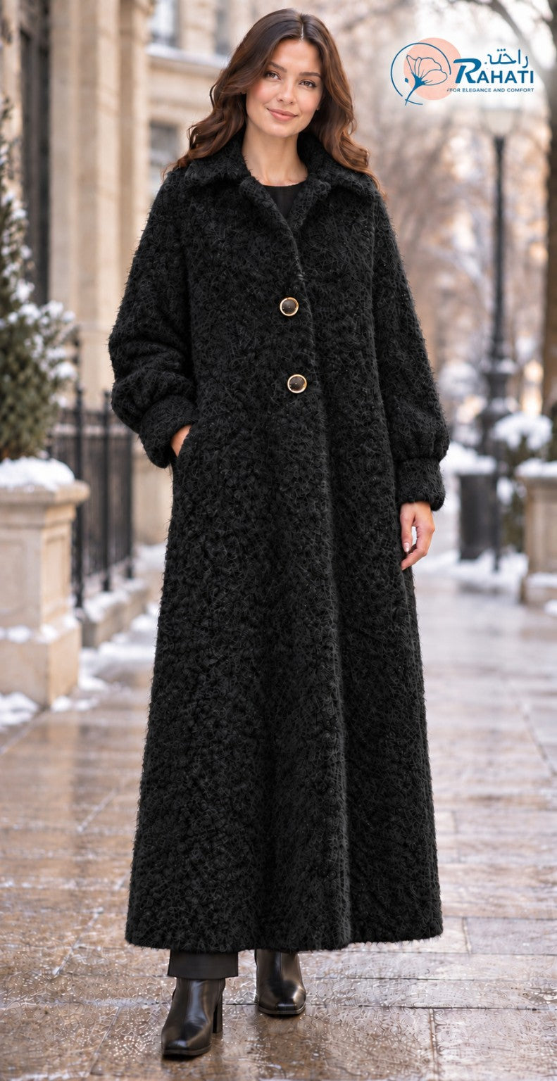 Women’s black full-length bouclé winter coat
