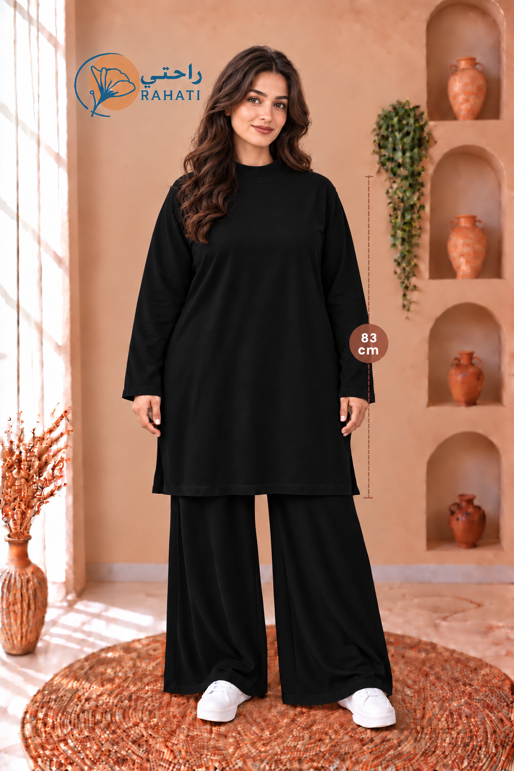 Women's black soft cotton long top and wide-leg trousers set