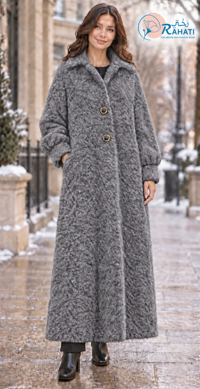 Women’s grey full-length bouclé winter coat