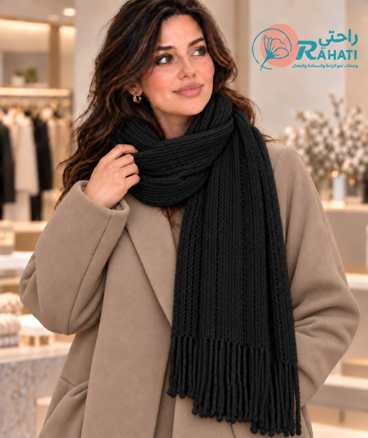 Long black crochet wool scarf with fringes, styled with a beige coat