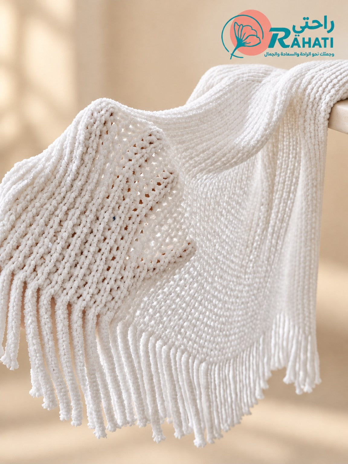 Detail view of soft white crochet knit scarf with long fringes