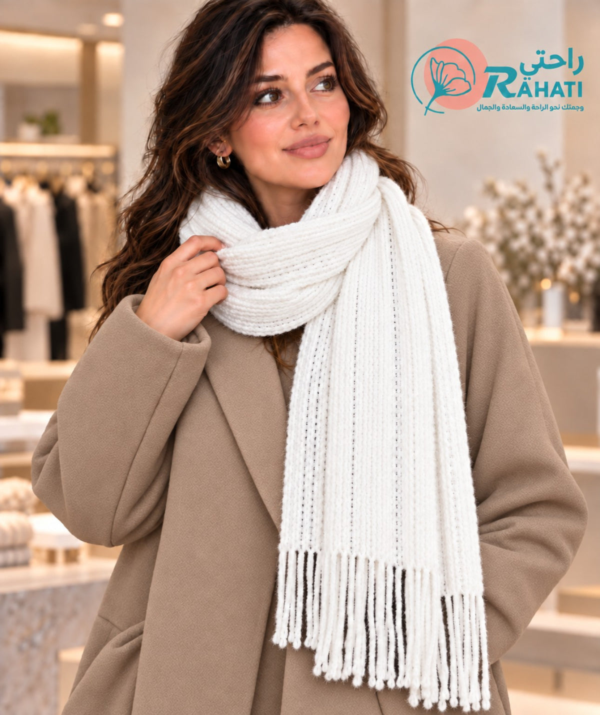 Long white crochet wool scarf with fringes worn with beige winter coat