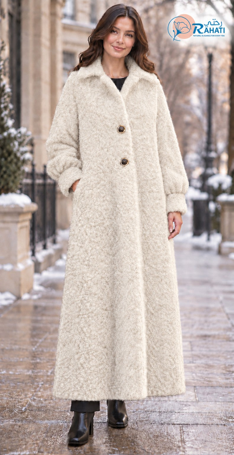 Women’s Full-Length Bouclé Winter Coat – Off White