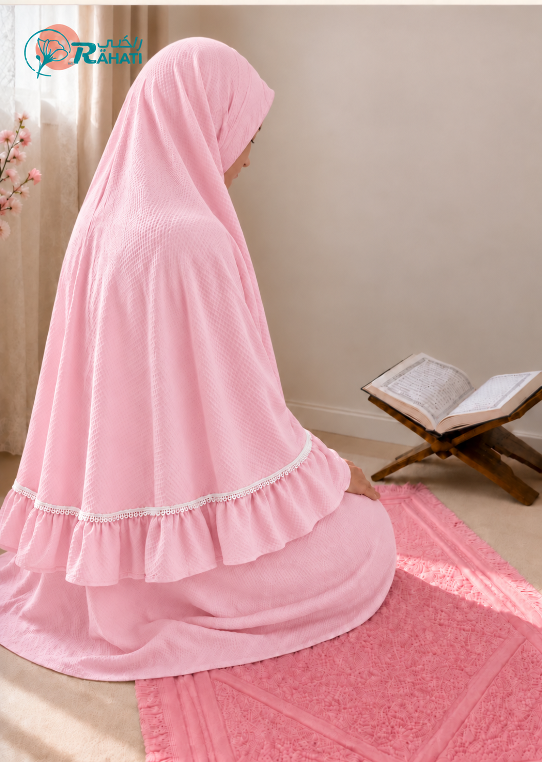 Pink lightweight poplin prayer set with white lace and RAHATI logo