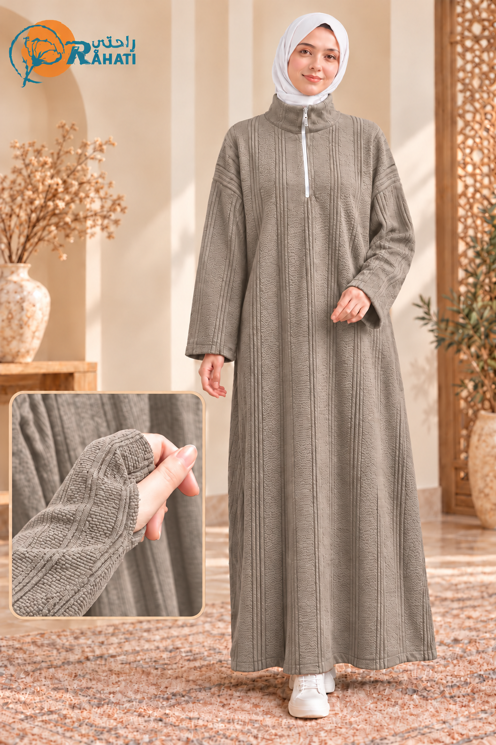 Women's Thick Ribbed Zip-Neck Maxi Dress – Beige