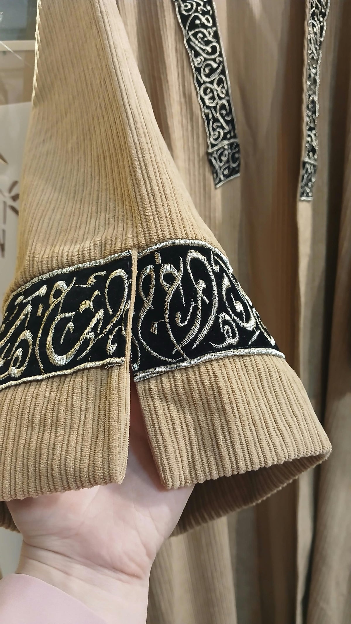 Embroidered Ribbed Velvet Open Abaya – Camel