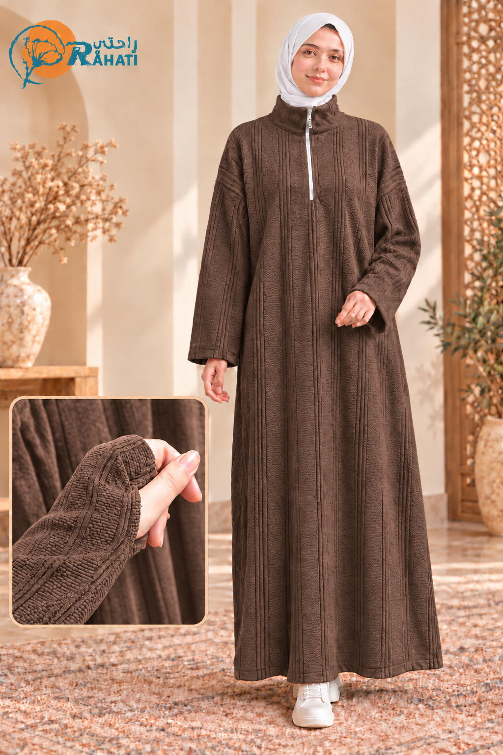 Women's Thick Ribbed Zip-Neck Maxi Dress – Brown