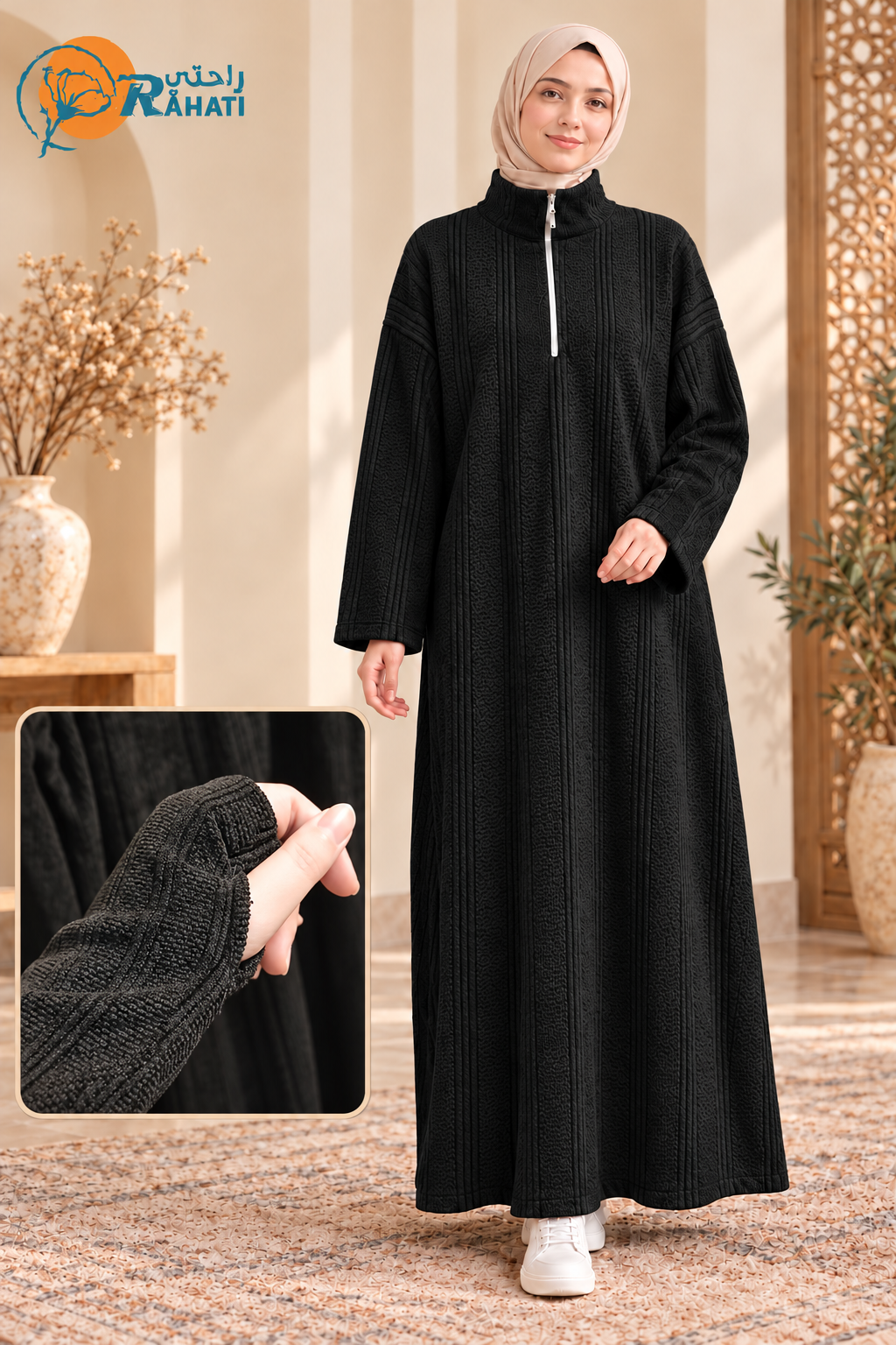 Women's Thick Ribbed Zip-Neck Maxi Dress – Black