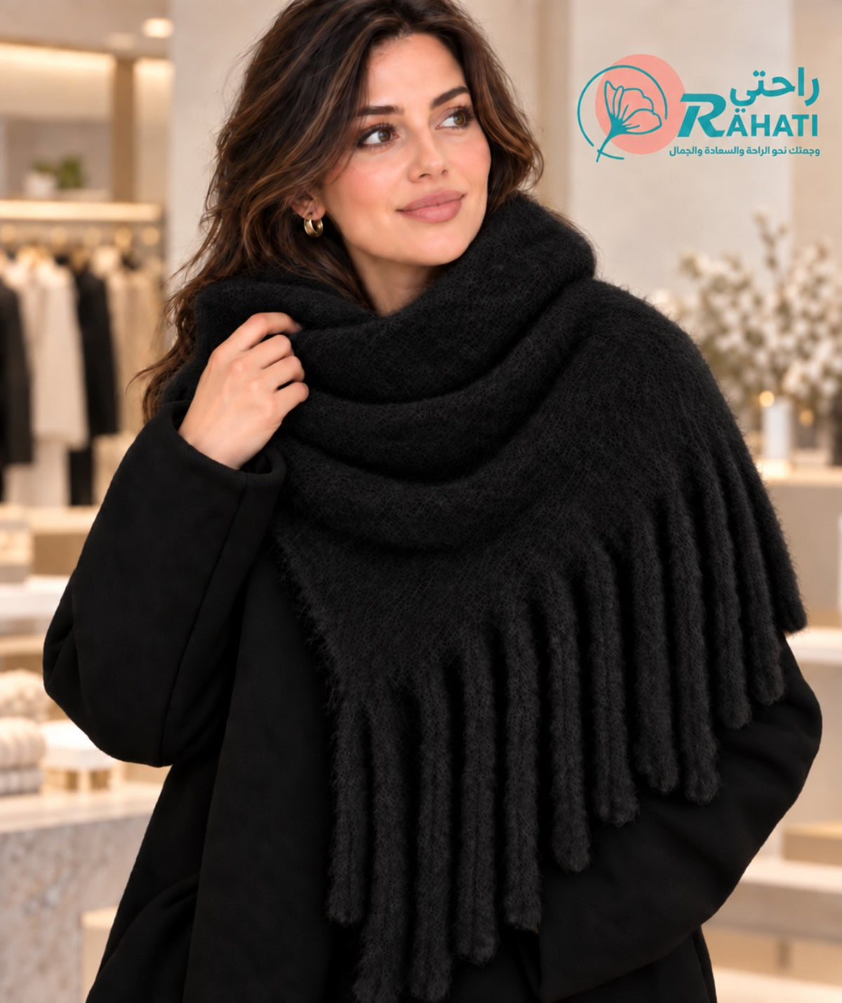Soft mohair fringed scarf – Black