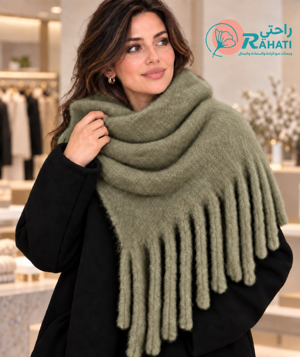 Soft mohair fringed scarf – Olive