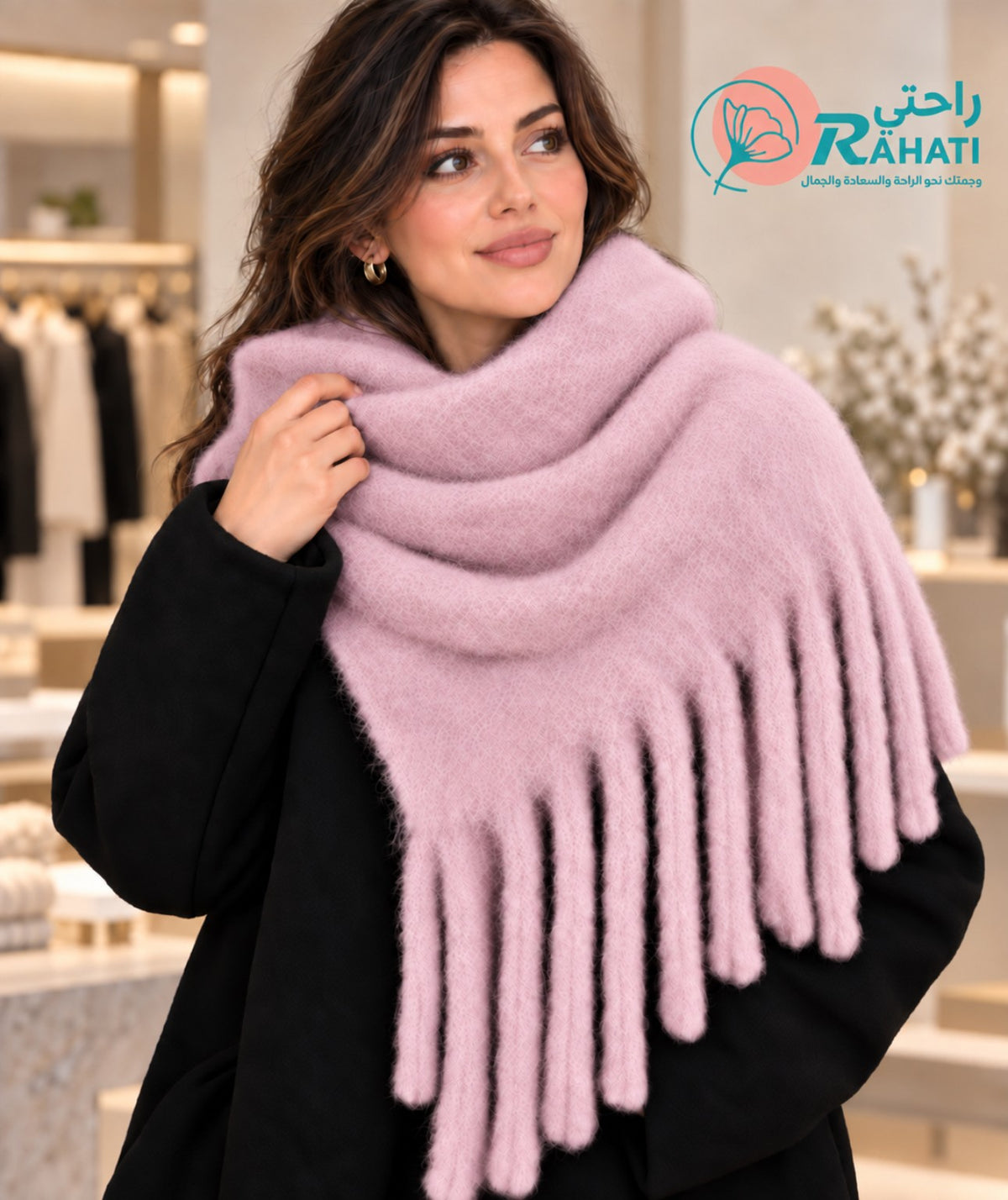 Soft mohair fringed scarf – Pink