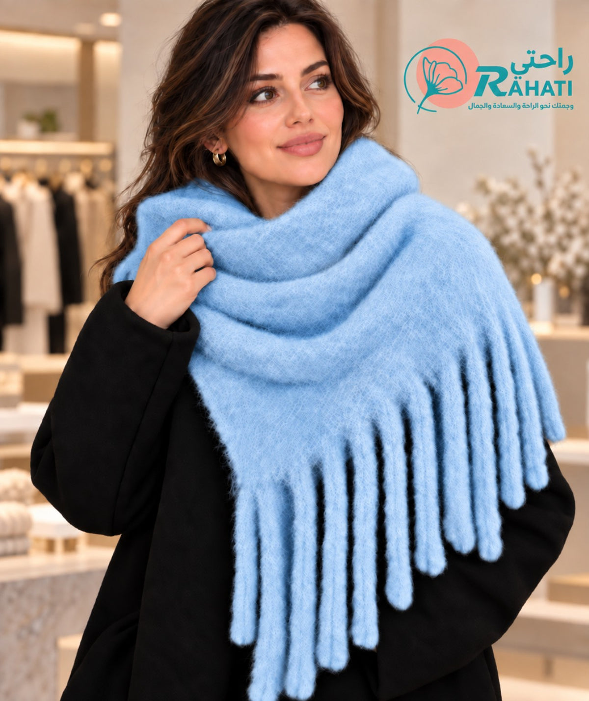 Soft mohair fringed scarf – Sky Blue