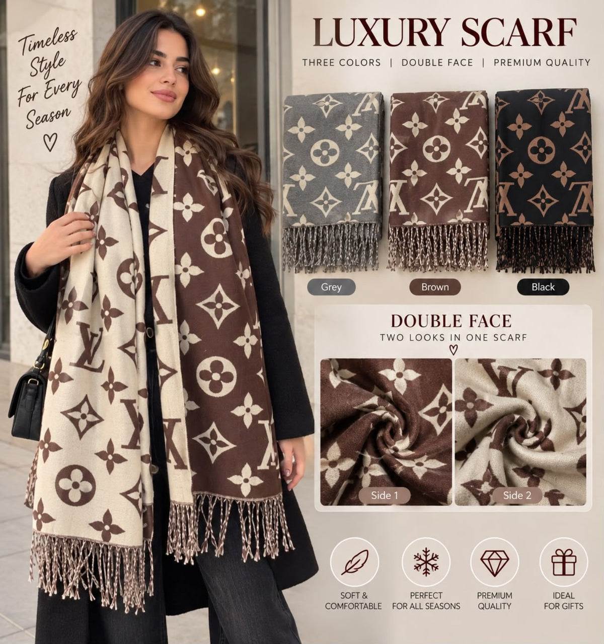 Soft wool double-face patterned scarf in grey, brown and black