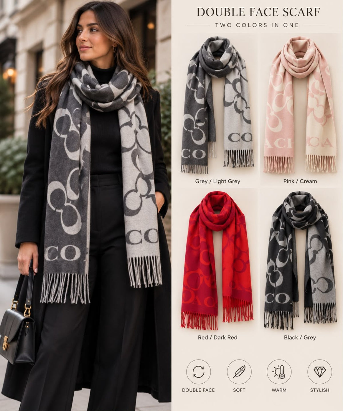 Soft wool floral double-face scarf in four color combinations