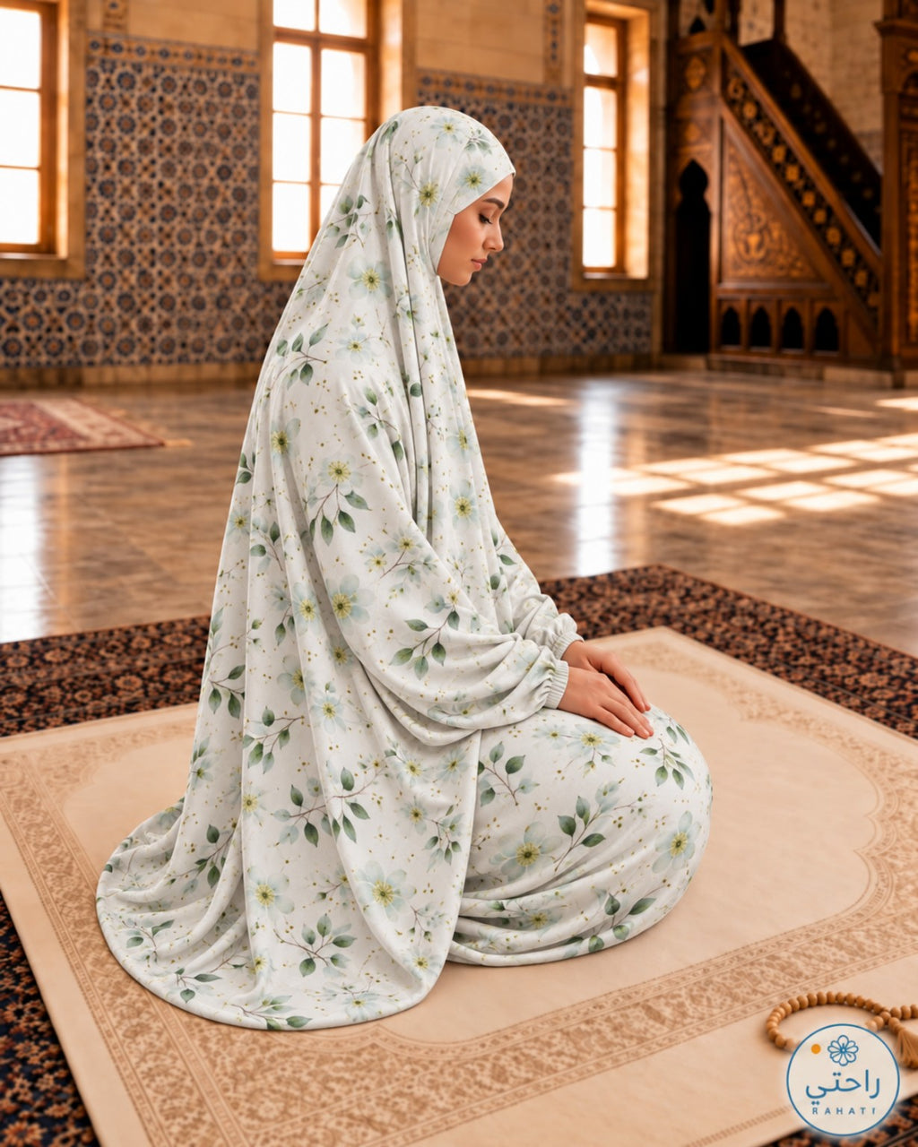 Two-Piece Cotton Prayer Set – Green Floral by Rahati