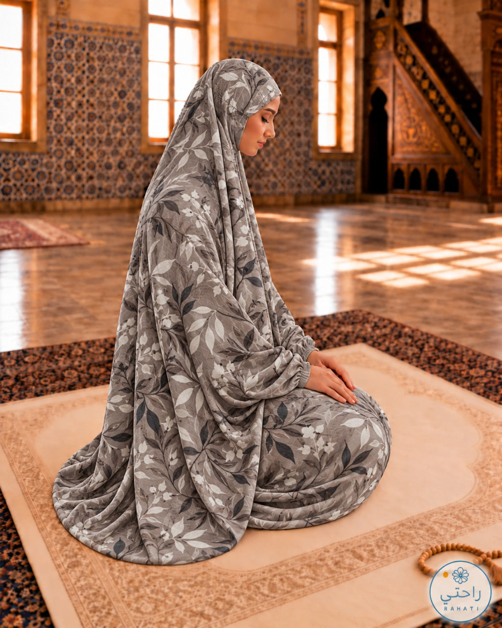 Two-Piece Cotton Prayer Set – Grey Leaves by Rahati
