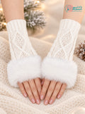 Off white knit fingerless gloves with faux fur cuffs